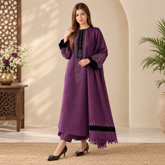 LF-64333 Black Velvet Aplic Embroidered Dhanak Suit With Embroidered Dhanak Shawl Velvet Aplic