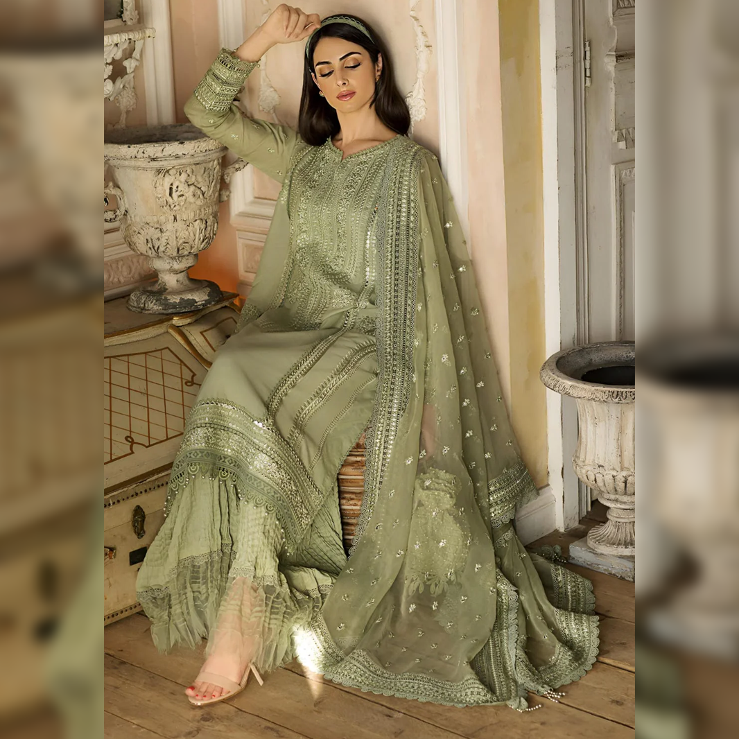 LF-SN60 3Pc Sequence Embroidered Lawn Suit With Sequence Embroidered Organza Dupatta