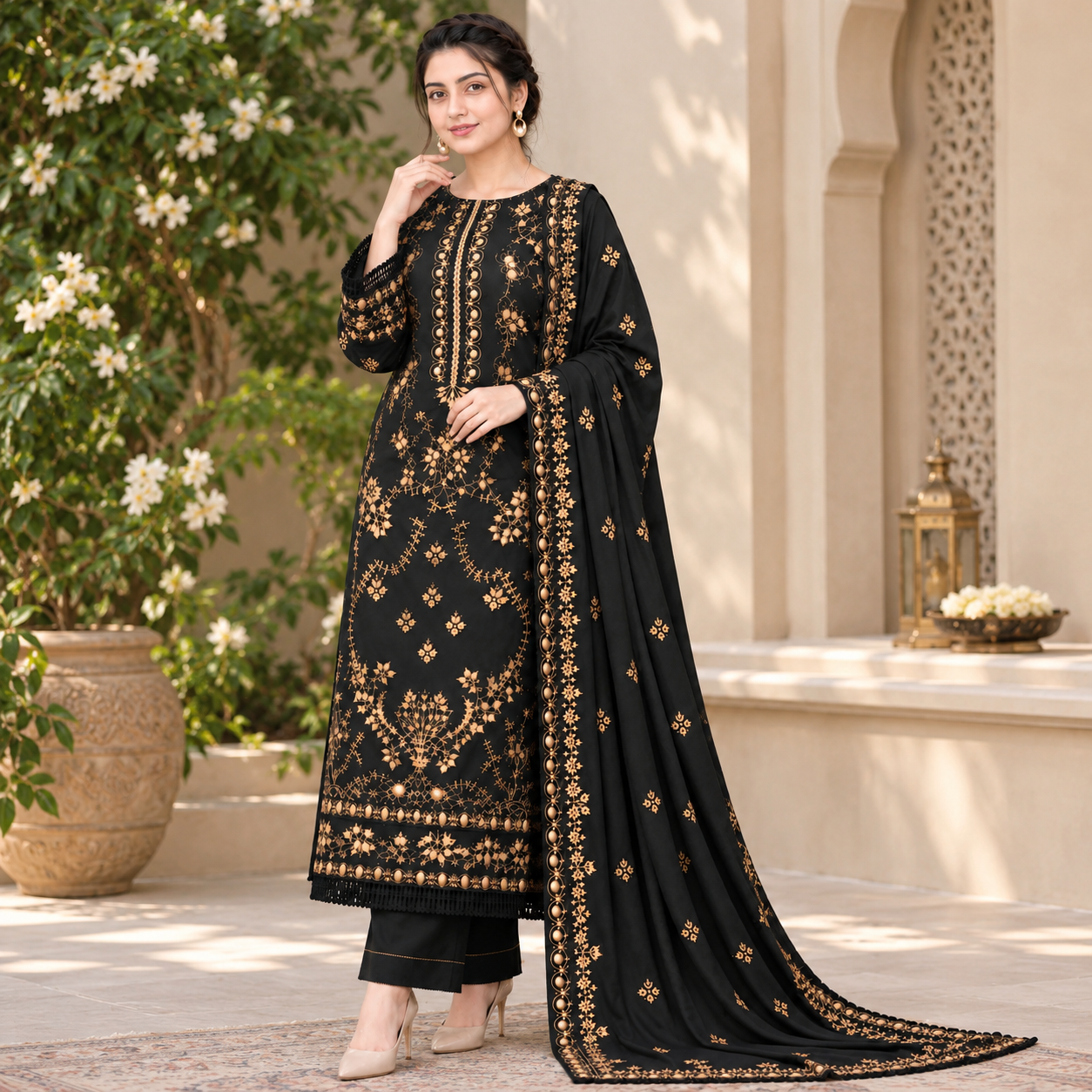 LF-NS32 Un-Stitched Dhanak Embroidered 3pc With Dhank Embroidered Shawl