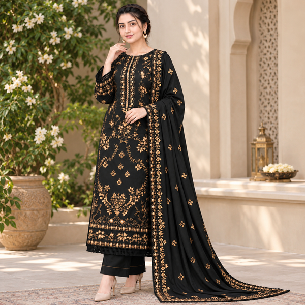 LF-NS32 Un-Stitched Dhanak Embroidered 3pc With Dhank Embroidered Shawl