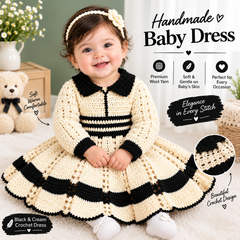 Handmade Baby Girls Crochet Dress – Black & Cream Knitted Party Wear Frock