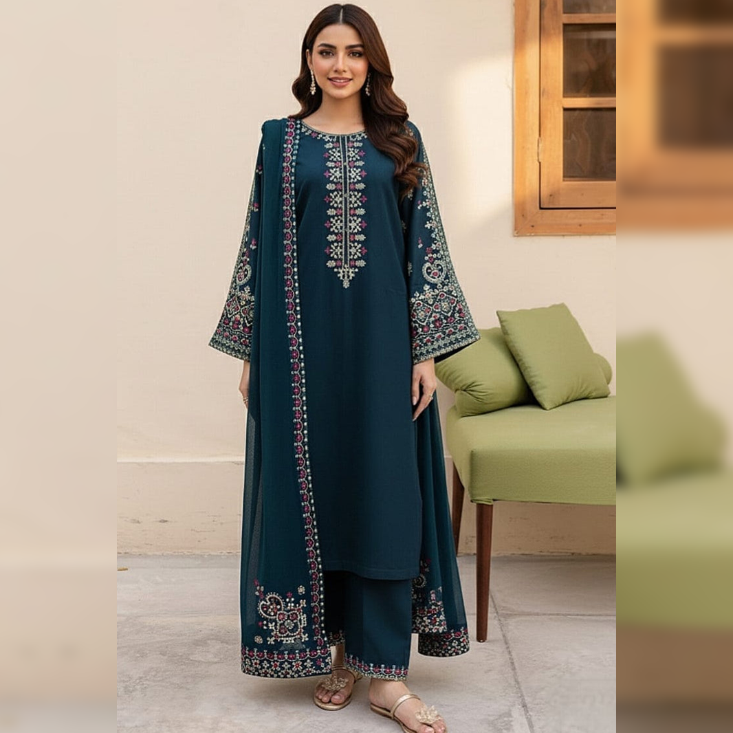SR-LM585 Unstitched Embroidered Lawn Suit 3pc With Bamber Chiffon Embroidered Dupatta