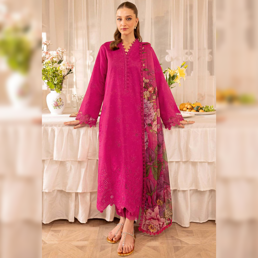 SR-FR2725 Lawn Unstitched Embroidered 3pc Suit With Digital Printed Cotton Lawn Dupatta