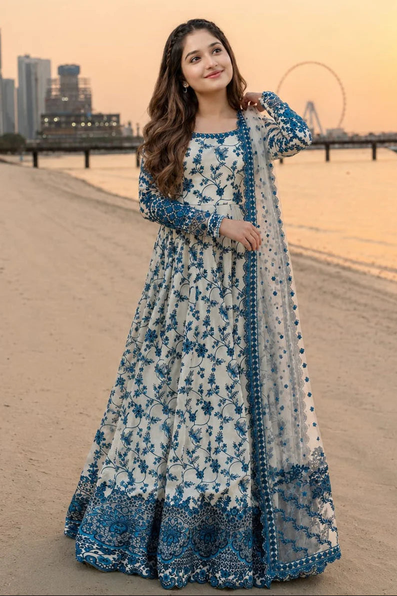 Highly Recommended LF-FS1000 Lawn Unstitched Frock Fully Embroidered 3pc Suit With Organza Embroidered Dupatta