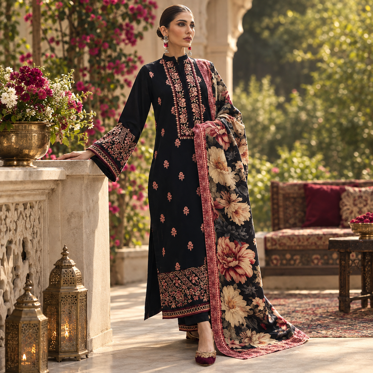 LF-AJ980 Unstitched Fully Embroidered Dhanak Suit With Digital Printed Poly Wool Shawl