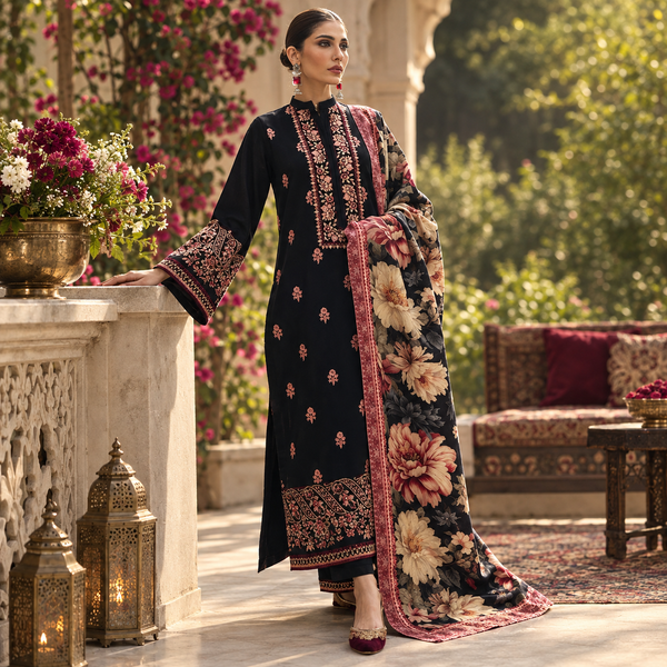 LF-AJ980 Unstitched Fully Embroidered Dhanak Suit With Digital Printed Poly Wool Shawl