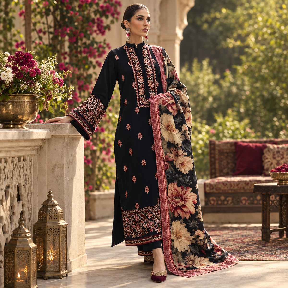 LF-AJ980 Unstitched Fully Embroidered Dhanak Suit With Digital Printed Poly Wool Shawl