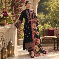 LF-AJ980 Unstitched Fully Embroidered Dhanak Suit With Digital Printed Poly Wool Shawl