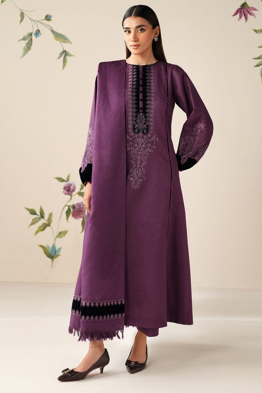 SR-64333 Black Velvet Aplic Embroidered Dhanak Suit  With Embroidered Dhanak Shawl Velvet Aplic