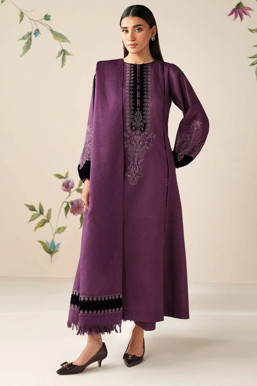 LF-64333 Black Velvet Aplic Embroidered Dhanak Suit With Embroidered Dhanak Shawl Velvet Aplic