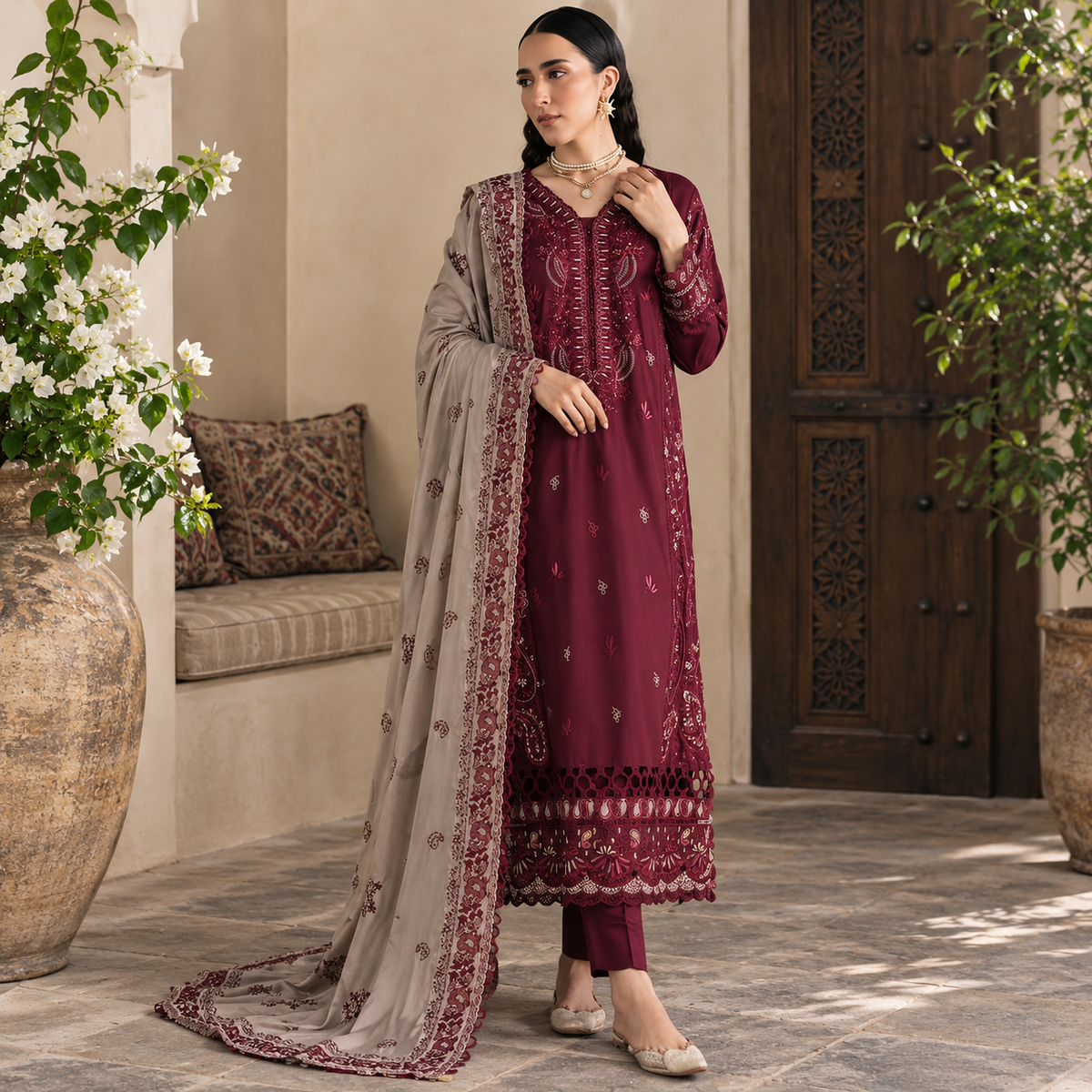 LF-NR2975 Unstitched Fully Embroidered Dhanak Suit With Fully Embroidered Dhanak Shawl