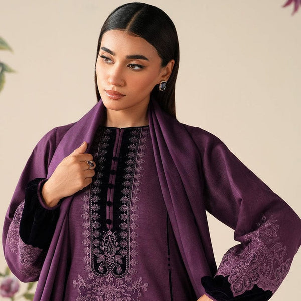 SR-64333 Black Velvet Aplic Embroidered Dhanak Suit  With Embroidered Dhanak Shawl Velvet Aplic