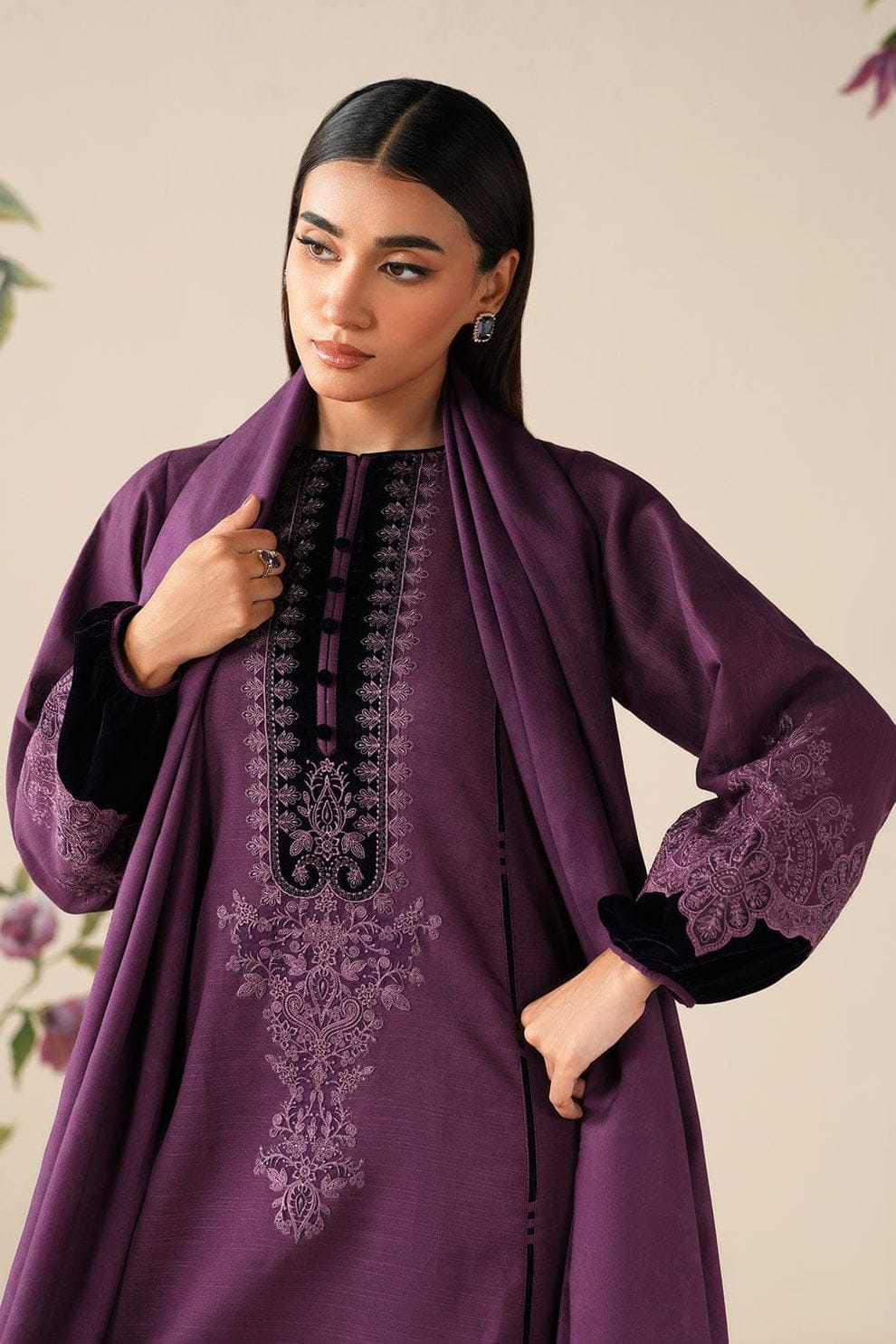 LF-64333 Black Velvet Aplic Embroidered Dhanak Suit With Embroidered Dhanak Shawl Velvet Aplic