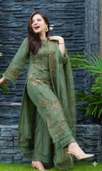 LF-SR1100 Sage Green Un-Stitched Lawn Embroidered 3pc With Organza Embroidered Dupatta