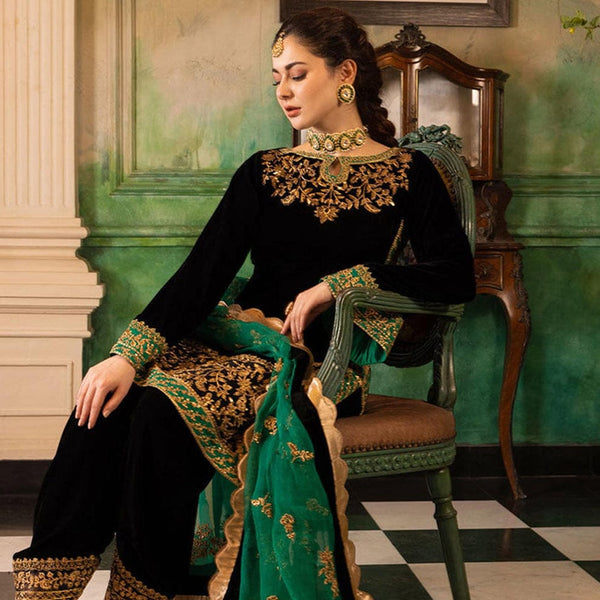 SR-1027 Sequence Embroidered 9000 Micro Velvet 3Pc With Organza Embroidered Dupatta