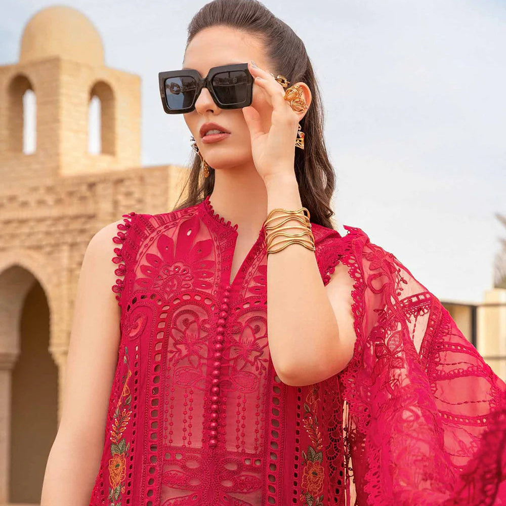 SR-2590B Lawn Unstitched Embroidered 3pc Suit With Organza Embroidered Dupatta