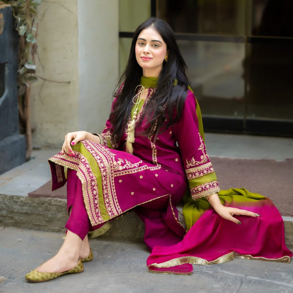 SR-D13 Dhanak Embroidered 3pc Suit With Poly Woolen Shawl