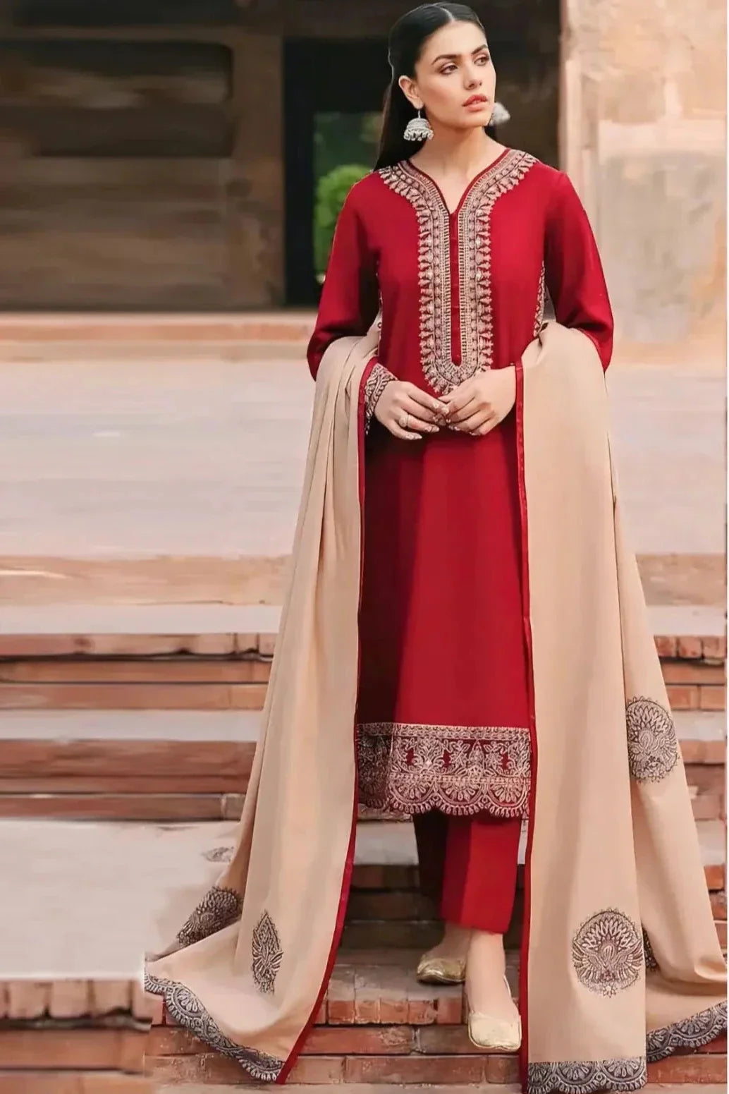 SR-ZK970 Unstitched Embroidered Dhanak Suit With Embroidered Dhanak Shawl