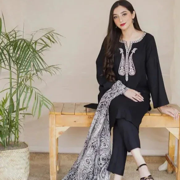 SR-S01 Unstitched Fully Embroided Dhanak Suit With Wool Shawl
