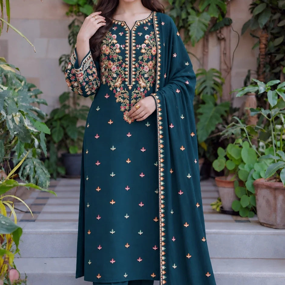 LF-D2900 HIGHLY RECOMMENDED (8.2 Meters) Unstitched Fully Embroidered Dhanak Suit With Embroidered Dhanak Shawl