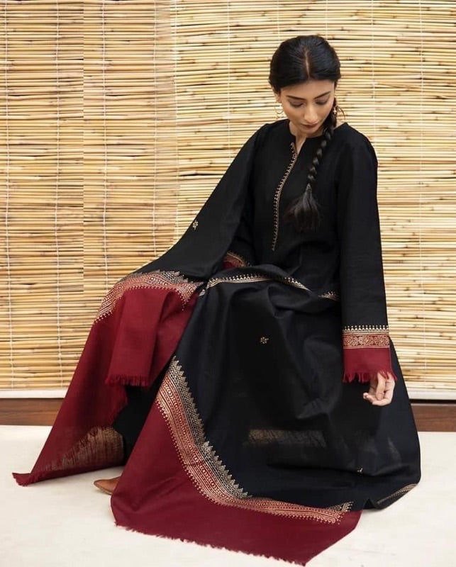 SR-1076 3Pc Unstitched Dhanak Suit with Printed Woolen Shawl