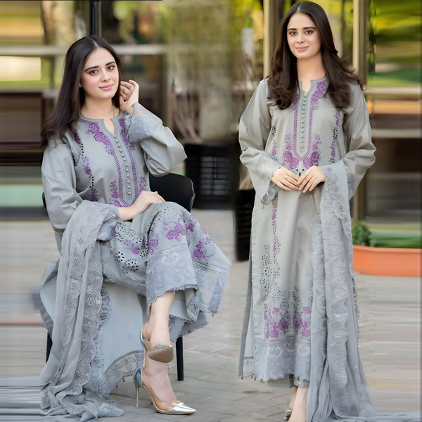 SR-842 Chikenkari Embroidered Lawn Suit 3pc With Embroidered Chiffon Dupatta