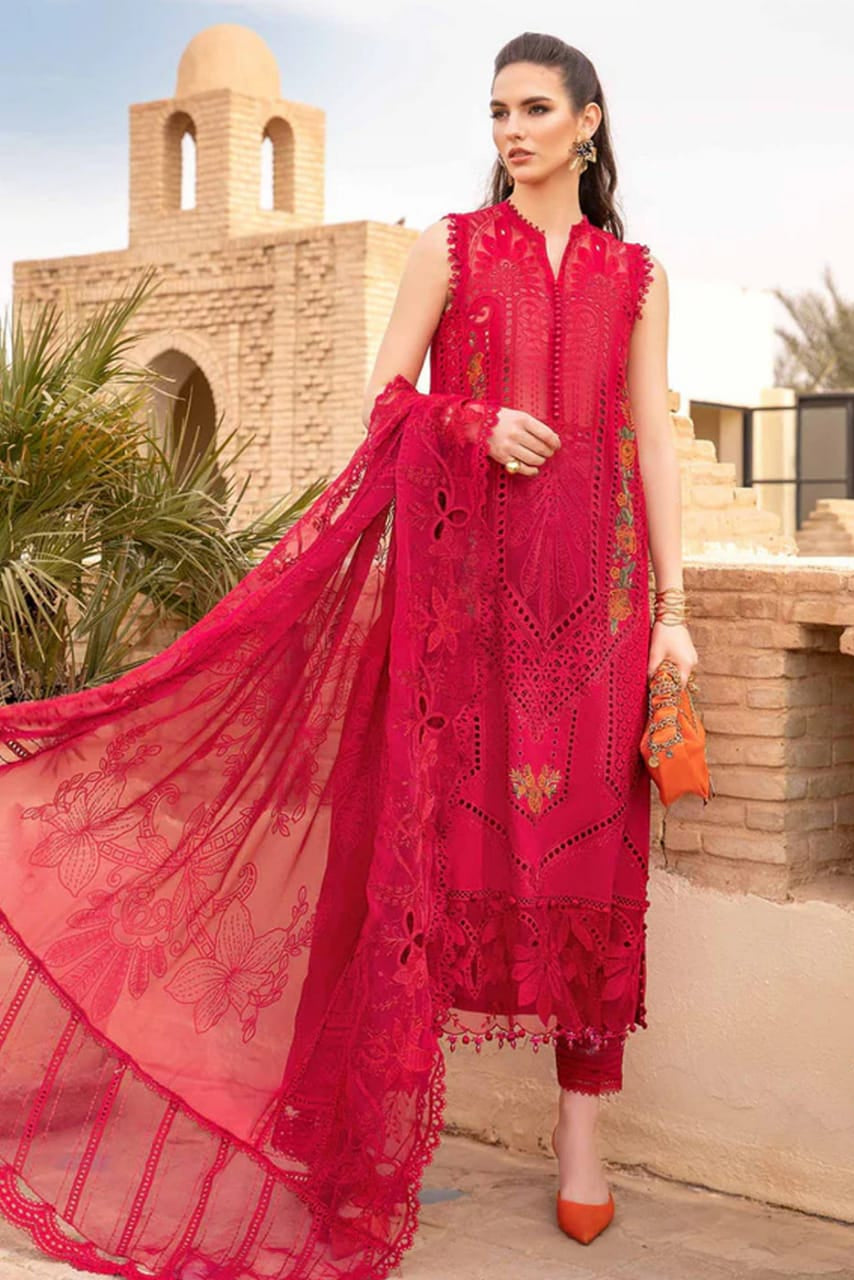 SR-2590B Lawn Unstitched Embroidered 3pc Suit With Organza Embroidered Dupatta