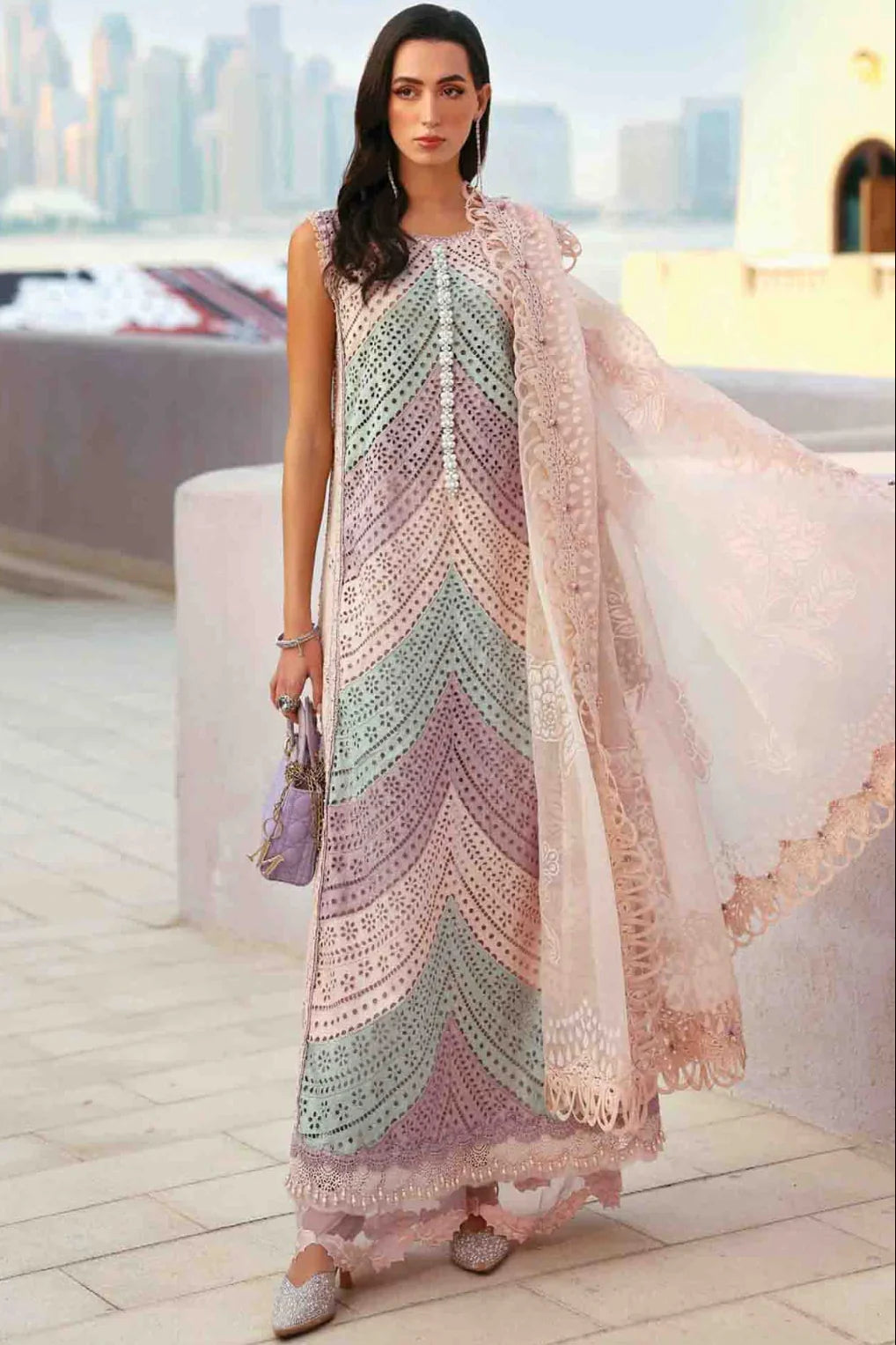 LF-MB2805A Lawn Unstitched Fully Embroidered 3pc Suit With Organza Digital Printed Dupatta With Embroided Four Side Laces