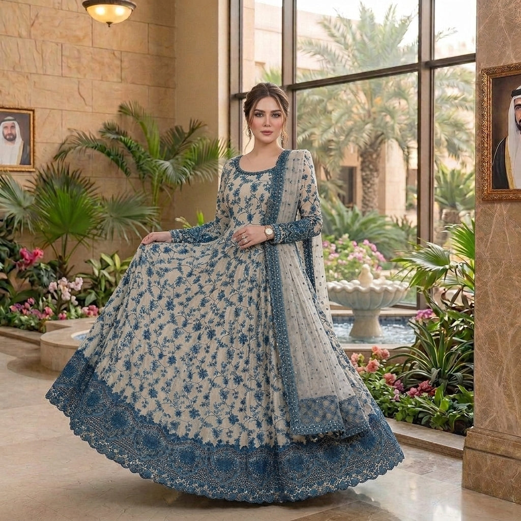 Highly Recommended LF-FS1000 Lawn Unstitched Frock Fully Embroidered 3pc Suit With Organza Embroidered Dupatta