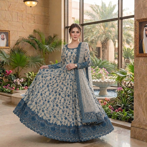 Highly Recommended LF-FS1000 Lawn Unstitched Frock Fully Embroidered 3pc Suit With Organza Embroidered Dupatta