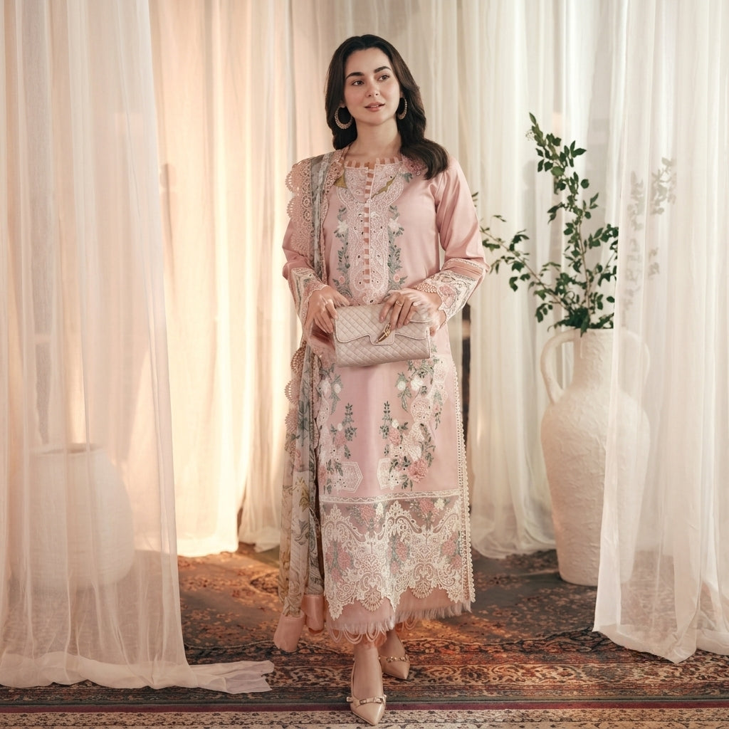 LF-QL2765 Lawn Unstitched Fully Embroidered 3pc Suit With Monar Four Side Embroided Digital Printed Dupatta