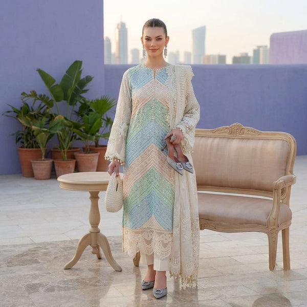 LF-MB2805B Lawn Unstitched Fully Embroidered 3pc Suit With Organza Digital Printed Dupatta With Embroided Four Side Laces