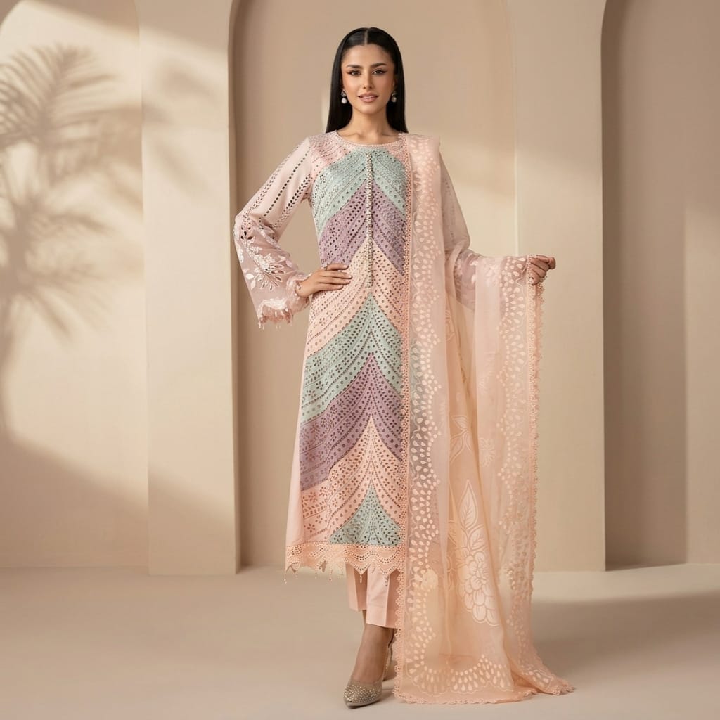 LF-MB2805A Lawn Unstitched Fully Embroidered 3pc Suit With Organza Digital Printed Dupatta With Embroided Four Side Laces
