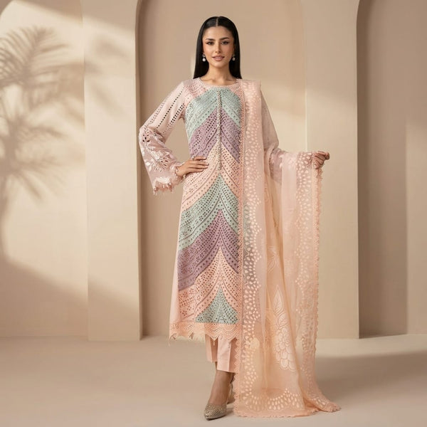 LF-MB2805A Lawn Unstitched Fully Embroidered 3pc Suit With Organza Digital Printed Dupatta With Embroided Four Side Laces