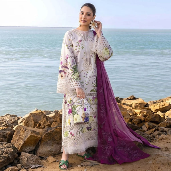 LF-CS202 Unstitched Digital Printed Lawn Suit 3pc With Embroided Cotton Net Dupatta