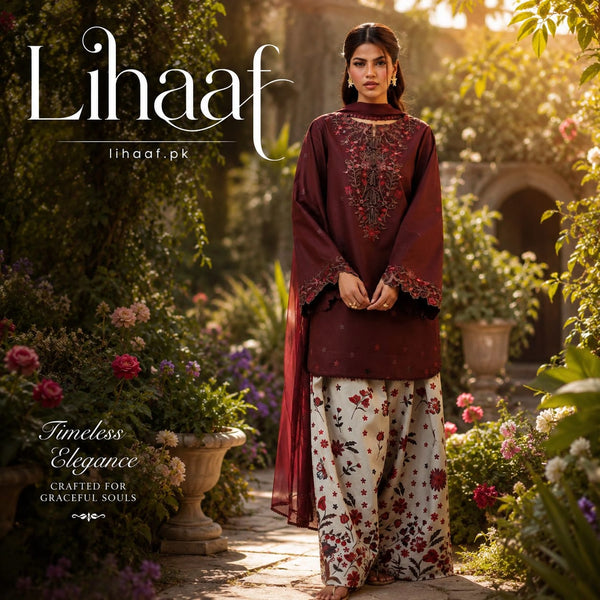 LF-IZ236 Neckline & Sleeves Embroidered Digital Printed Lawn Suit 3pc With Monar Digital Printed Dupatta