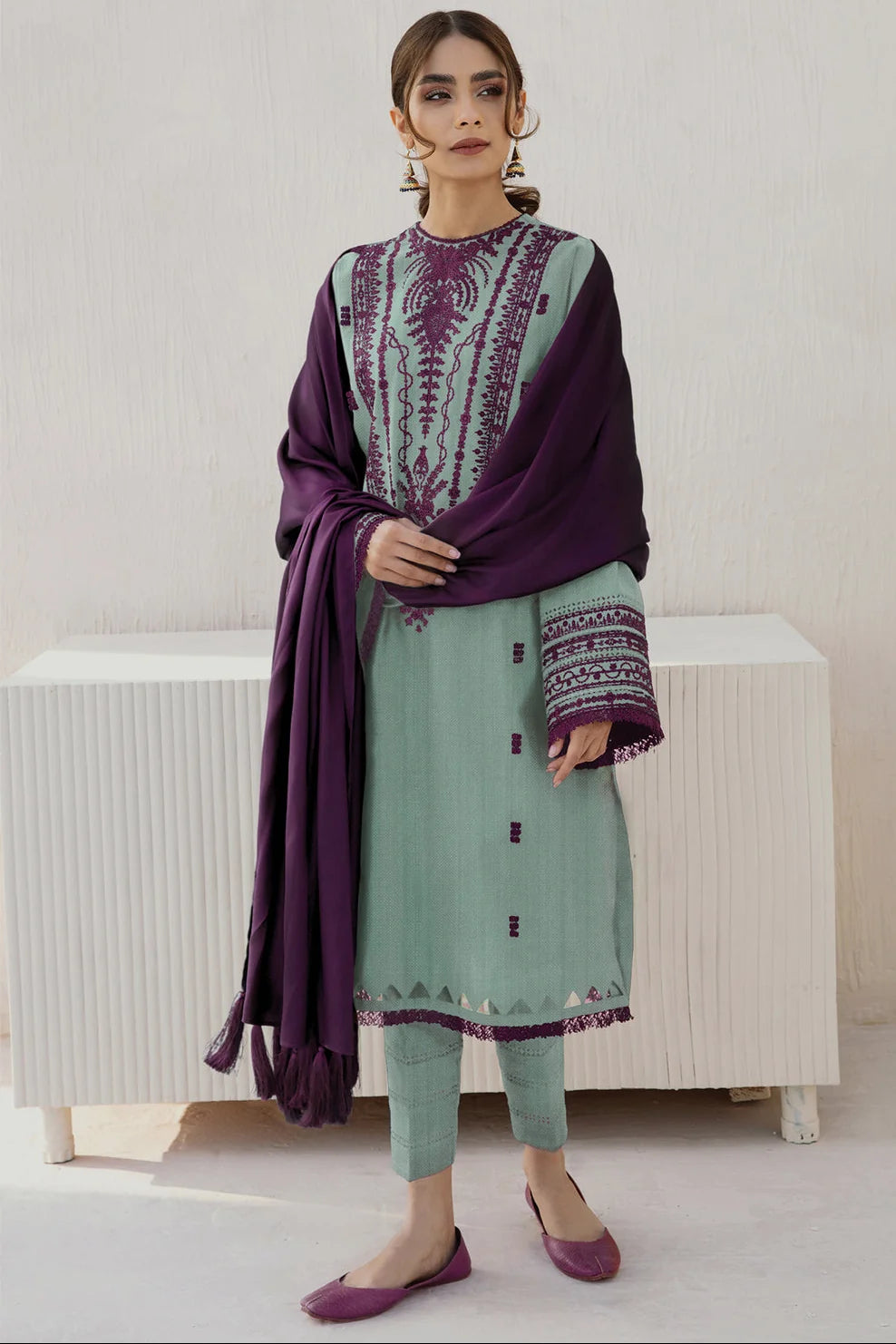 LF-JZ2905 Unstitched Fully Embroidered Dhanak Suit With Dyed Dhanak Shawl