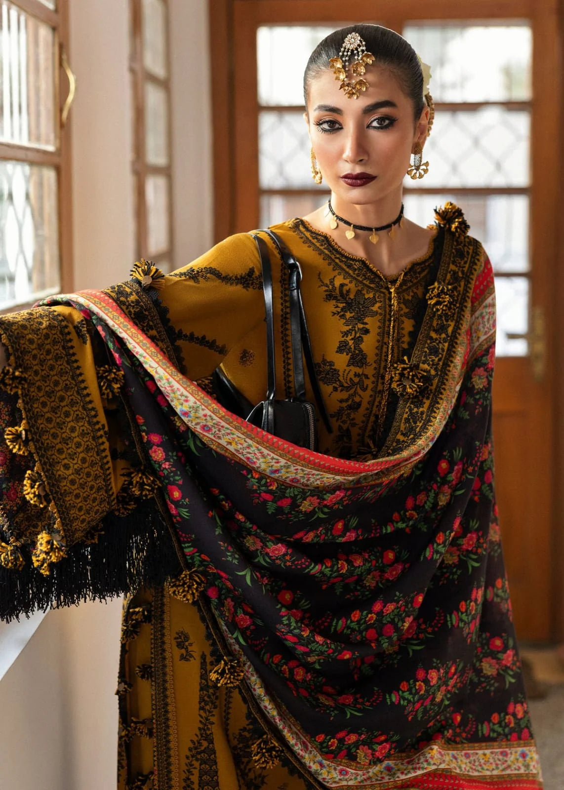 LF-HR3045 Unstitched Fully Embroidered Dhanak Suit With Digital Printed Wool Shawl