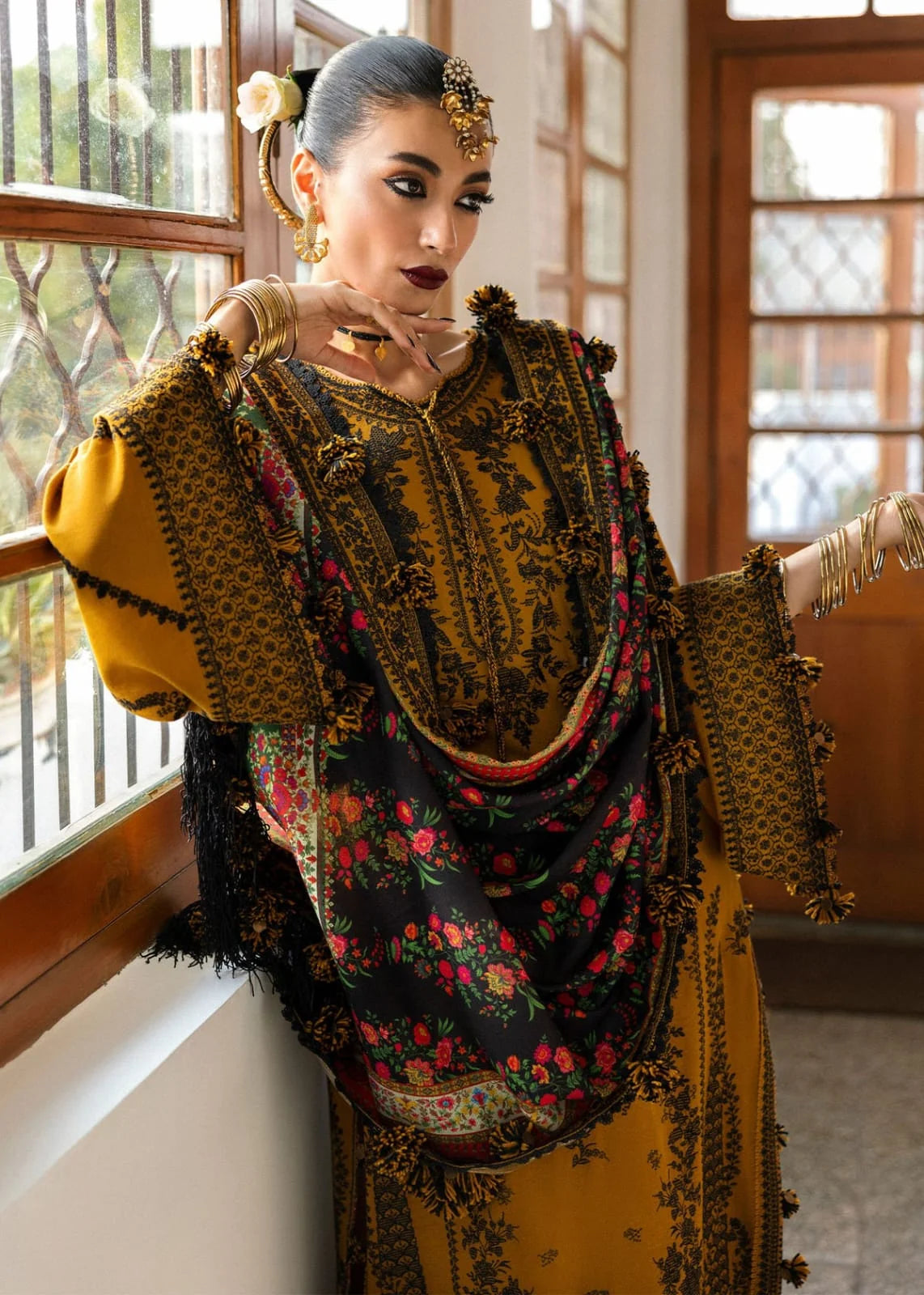 LF-HR3045 Unstitched Fully Embroidered Dhanak Suit With Digital Printed Wool Shawl