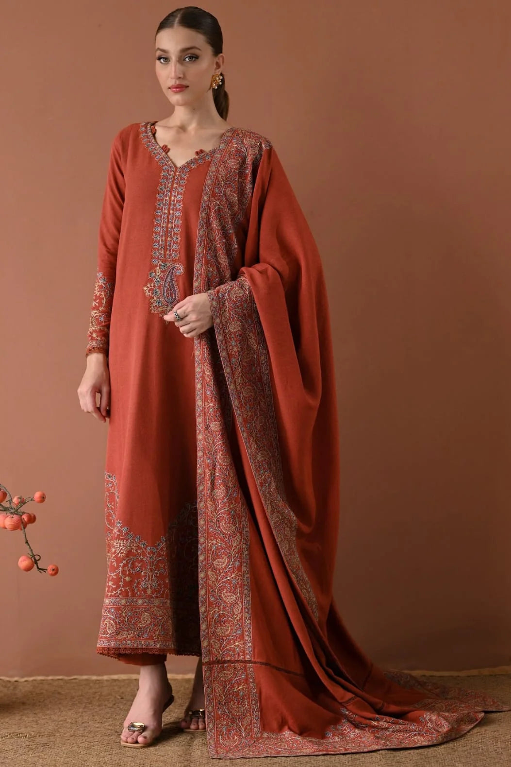 LF-BT2880(B) Unstitched Fully Embroidered Dhanak Suit With Embroidered Dhanak Shawl