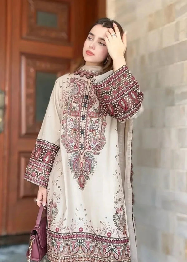 LF-LM2965 Unstitched Fully Embroidered Dhanak Suit With Fully Embroidered Dhanak Shawl