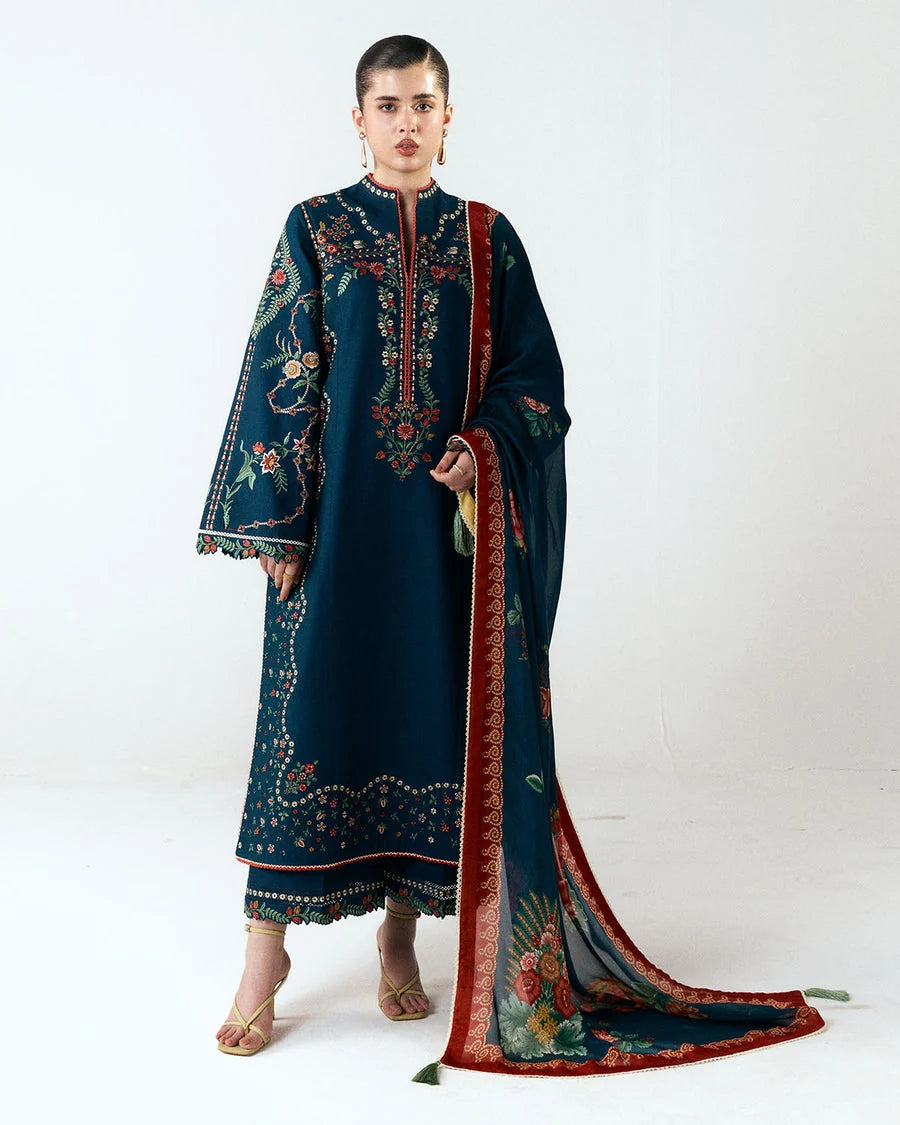 LF-HR3025 Unstitched Fully Embroidered Dhanak Suit With Digital Printed Wool Shawl