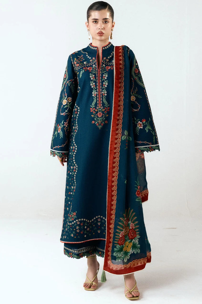 LF-HR3025 Unstitched Fully Embroidered Dhanak Suit With Digital Printed Wool Shawl