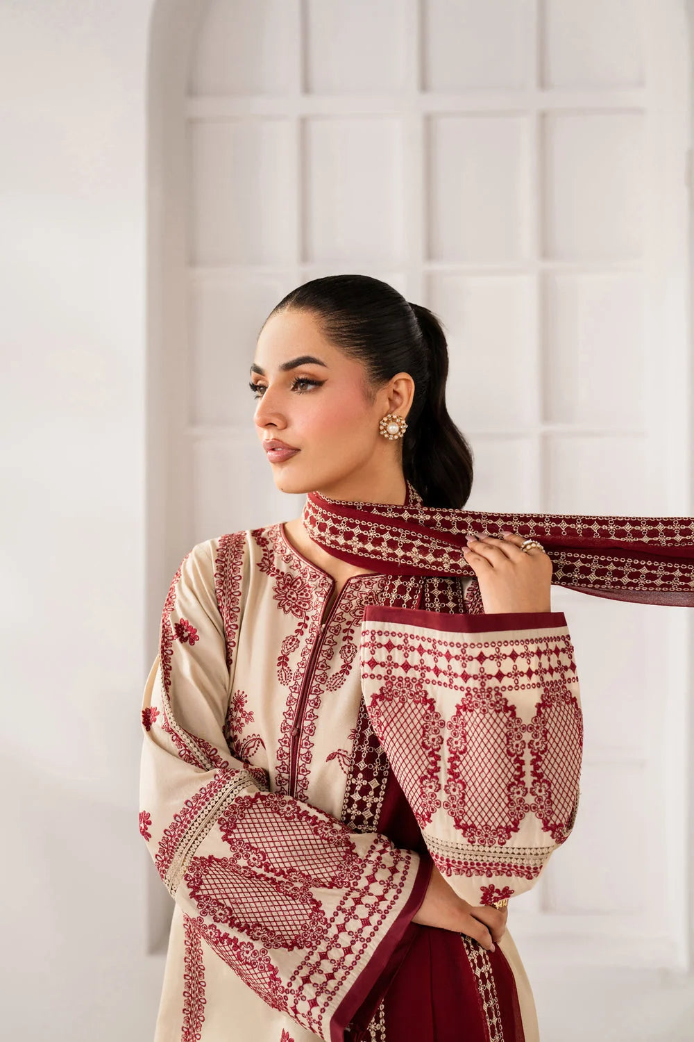 LF-BQ2950 Unstitched Fully Embroidered Dhanak Suit With Fully Embroidered Dhanak Shawl
