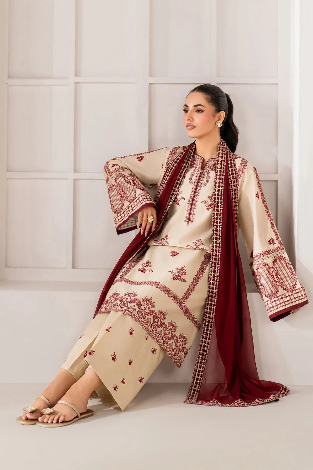 LF-BQ2950 Unstitched Fully Embroidered Dhanak Suit With Fully Embroidered Dhanak Shawl