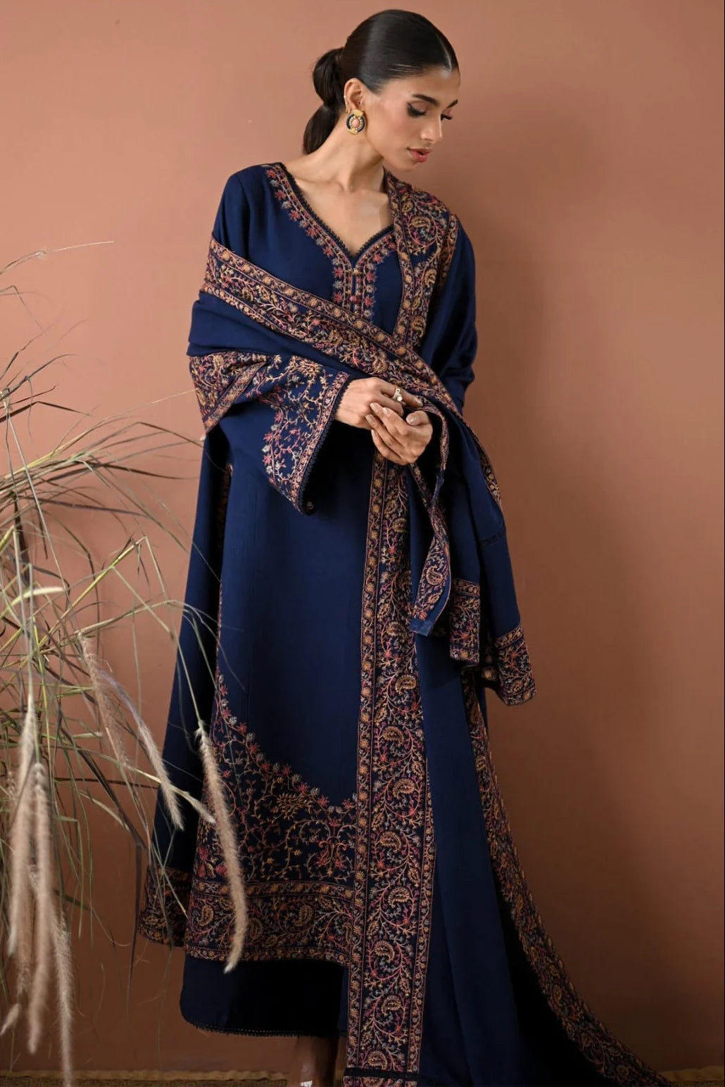 LF-BT2880(A) Unstitched Fully Embroidered Dhanak Suit With Embroidered Dhanak Shawl