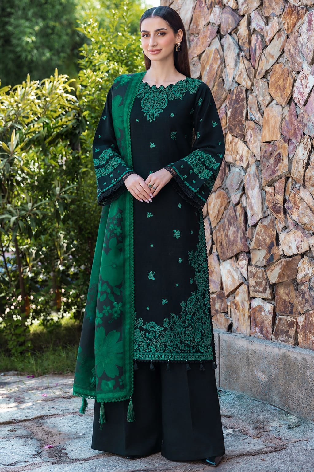 LF-BQ150 3Pc Un-Stitched Dhanak Embroidered Suit With Digital Printed Poly Wool Shawl