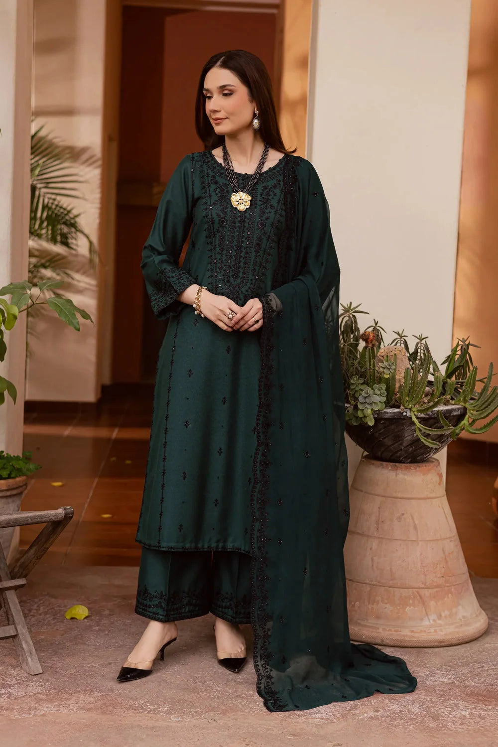 LF-BT3085 Unstitched Fully Embroidered Dhanak Suit With Fully Embroidered Dhanak Shawl