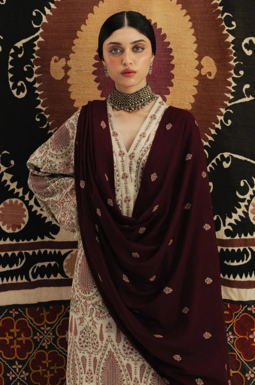 LF-ZS3020 Dhanak Unstitched Fully Embroidered 3pc Suit With Fully Embroidered Dhanak Shawl