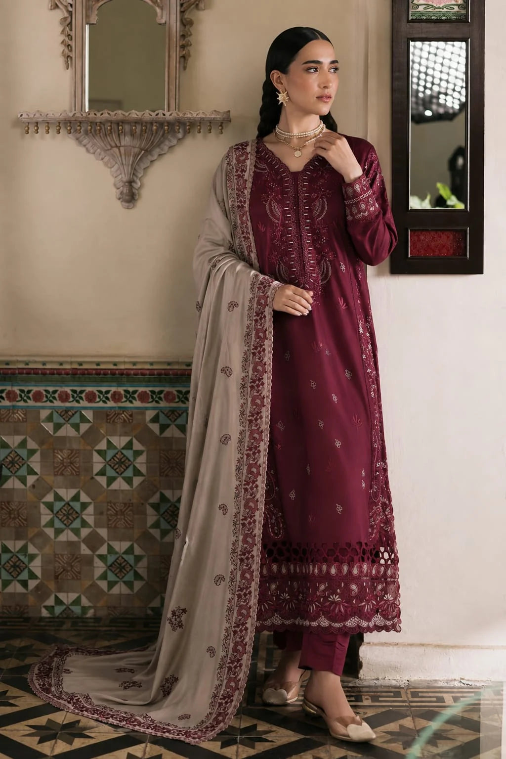 LF-NR2975 Unstitched Fully Embroidered Dhanak Suit With Fully Embroidered Dhanak Shawl